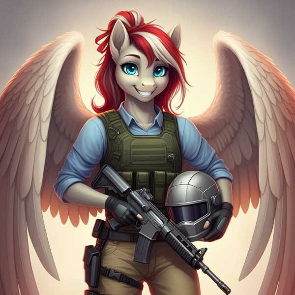 Size: 1024x1024 | Tagged: safe, ai content, derpibooru import, generator:google imagen 3.0, machine learning generated, prompter:zerowinger, angel wings, anthro, pegasus, series:g.i. pony: a real equestrian hero, g4, armored vest, assault rifle, backlighting, clothes, cosplay, costume, female, fingerless gloves, g.i. joe, gloves, gun, helmet, image, jpeg, military uniform, rifle, smiling, solo, spread wings, steel brigade, uniform, weapon, wings