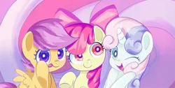 Size: 1737x878 | Tagged: safe, artist:andromedasparkz, derpibooru import, apple bloom, scootaloo, sweetie belle, earth pony, pegasus, pony, unicorn, apple bloom's bow, bow, cute, cutie mark crusaders, female, filly, foal, hair bow, horn, image, jpeg, one eye closed, open mouth, open smile, smiling, spread wings, tongue out, trio, wings, wink