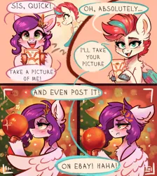 Size: 2768x3088 | Tagged: safe, artist:polnocnykot, derpibooru import, pipp petals, zipp storm, pegasus, pony, g5, adorapipp, adorazipp, angry, bokeh, cheek fluff, chest fluff, christmas, christmas lights, christmas ornament, christmas tree, comic, cross-popping veins, cute, decoration, dialogue, duo, duo female, ear fluff, emanata, eyebrows, eyeshadow, feathered wings, female, fluffy, funny, heart, holiday, hoof hold, image, jewelry, joke, jpeg, lidded eyes, makeup, mare, mobile phone, open mouth, open smile, phone, photo, pouting, raised eyebrow, recording, regalia, shocked, shoulder fluff, siblings, sisters, sisters being sisters, smiling, smug, speech bubble, spread wings, teeth, text, tree, unshorn fetlocks, wings