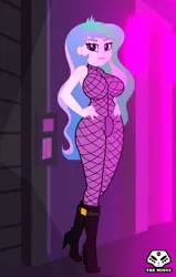 Size: 636x1000 | Tagged: suggestive, artist:theminus, derpibooru import, princess celestia, equestria girls, g4, alley, bodysuit, clothes, image, jpeg, looking at you, principal celestia