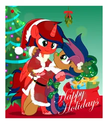 Size: 4333x5000 | Tagged: safe, artist:jhayarr23, derpibooru import, oc, oc:lightning t bolt, oc:solar comet, unofficial characters only, alicorn, pegasus, pony, alicorn oc, bandage, bow, boyfriend and girlfriend, christmas, christmas lights, christmas tree, clothes, costume, couple, dipping, female, hat, holding hooves, holiday, hoof around neck, horn, image, male, mare, mistletoe, pegasus oc, png, present, santa costume, santa hat, santa sack, stallion, tree, wings