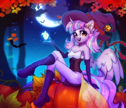 Size: 4200x3587 | Tagged: safe, artist:radioaxi, derpibooru import, oc, unofficial characters only, alicorn, anthro, alicorn oc, ass, butt, clothes, corset, female, forest, hat, horn, image, leaf, leaves, looking at you, moon, nature, not twilight sparkle, open mouth, outdoors, png, pumpkin, sitting, solo, tree, wings, witch hat