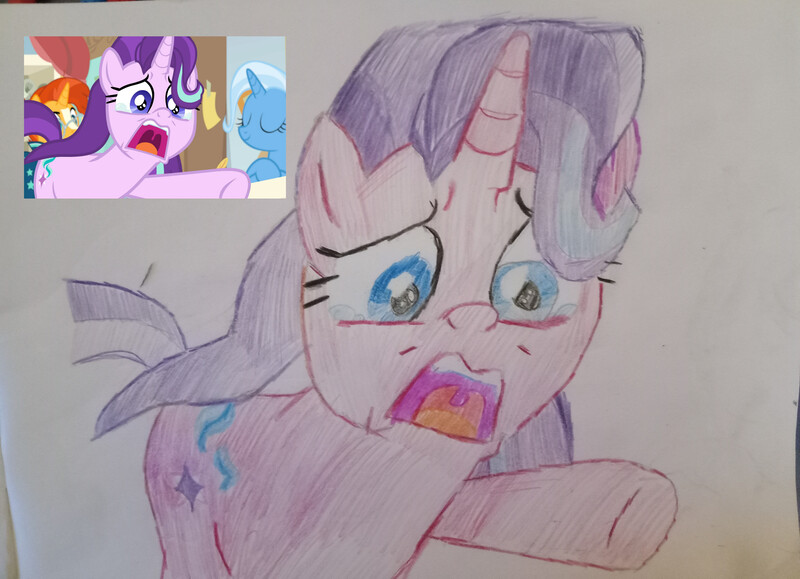 Size: 4096x2963 | Tagged: safe, artist:victoric1993, derpibooru import, starlight glimmer, sunburst, trixie, pony, unicorn, a horse shoe-in, g4, season 9, spoiler:s09, big no, colored pencil drawing, crying, cute, dramatic, esophagus, female, glimmerbetes, horn, image, jpeg, mare, my little pony, no, open mouth, phyllis no!, reaction image, sad, sadorable, scene interpretation, school, screaming, screencap reference, starlight glimmer is best facemaker, traditional art, trio, uvula, woobie, yamero