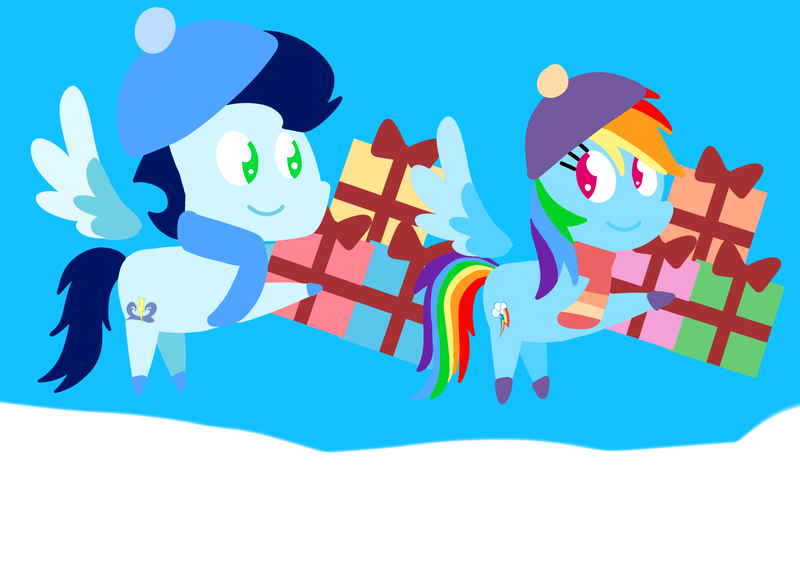 Size: 3553x2499 | Tagged: safe, anonymous artist, derpibooru import, rainbow dash, soarin', pegasus, pony, series:soarindash hearth's warming, series:soarindash romantic tales, christmas, christmas presents, derpibooru exclusive, female, flying, hearth's warming, holiday, image, looking at each other, looking at someone, male, mare, png, pointy ponies, present, shipping, smiling, snow, soarindash, stallion, straight, winter, winter clothes