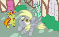 Size: 1350x840 | Tagged: safe, artist:unitxxvii, derpibooru import, derpy hooves, lyra heartstrings, sweetcream scoops, pegasus, pony, unicorn, g4, butt, female, flying, horn, image, it's coming right at us, jpeg, looking back, mare, missing horn, outdoors, plot, ponyville, question mark, trio