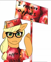 Size: 1302x1580 | Tagged: safe, artist:aztrial, derpibooru import, applejack, earth pony, pony, g4, apple, clothes, female, food, glasses, hat, image, jpeg, mare, sign, solo