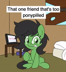 Size: 900x980 | Tagged: safe, artist:unitxxvii, derpibooru import, oc, oc:anonfilly, unofficial characters only, earth pony, pony, /mlp/, 4chan, bedroom, computer, female, filly, foal, gritted teeth, image, indoors, jpeg, laptop computer, looking at you, sitting, solo, teeth, text, tissue box