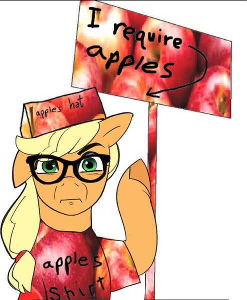 Size: 1302x1580 | Tagged: safe, artist:aztrial, artist:makaryo, derpibooru import, edit, applejack, earth pony, pony, g4, apple, clothes, female, food, glasses, hat, image, jpeg, mare, sign, solo