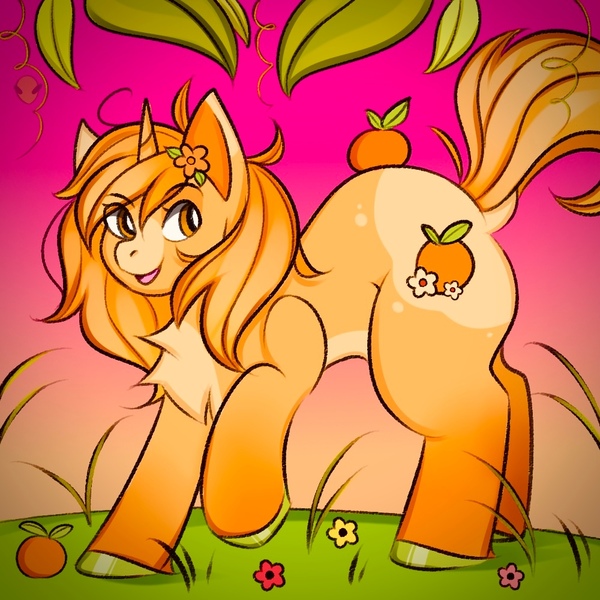 Size: 1000x1000 | Tagged: safe, artist:namelessplaza, derpibooru import, oc, unofficial characters only, pony, unicorn, flower, flower in hair, food, gift art, horn, image, jpeg, leaf, open mouth, orange