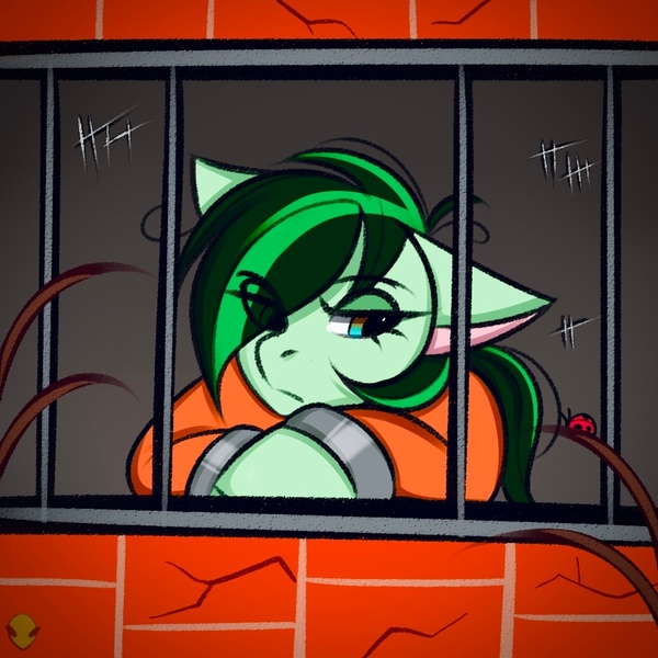 Size: 1000x1000 | Tagged: safe, artist:namelessplaza, derpibooru import, oc, unofficial characters only, earth pony, insect, ladybug, pony, brick wall, bust, clothes, gift art, image, jpeg, never doubt rainbowdash69's involvement, portrait, prison, prison outfit, prisoner, solo