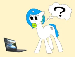 Size: 800x600 | Tagged: safe, artist:jittermouse, derpibooru import, oc, oc:compushka, pony, unicorn, computer, confused, dvd, horn, image, laptop computer, microsoft windows, mouth hold, png, solo, thought bubble, windows, windows xp