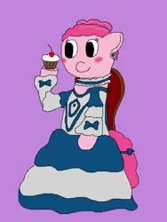 Size: 415x553 | Tagged: safe, artist:jittermouse, derpibooru import, pinkie pie, pony, g4, blush sticker, blushing, chair, clothes, cupcake, dress, ear piercing, earring, food, image, jewelry, marie antoinette, piercing, pinktober, png, sitting, solo