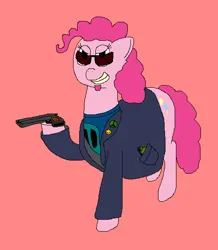 Size: 498x570 | Tagged: safe, artist:jittermouse, derpibooru import, pinkie pie, earth pony, pony, g4, clothes, facial hair, grenade, grin, gun, image, pinktober, png, postal 2, postal dude, shirt, smiling, solo, soul patch, sunglasses, t-shirt, trenchcoat, weapon