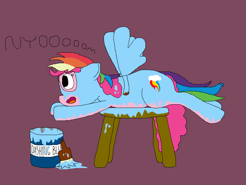 Size: 800x600 | Tagged: safe, artist:jittermouse, derpibooru import, pinkie pie, rainbow dash, earth pony, pony, g4, clothes, cosplay, costume, fake wings, goggles, image, ms paint, paint, paintbrush, png, pretending to fly, safety goggles, solo, stool, wig