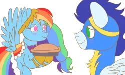 Size: 3752x2265 | Tagged: safe, artist:drawponiesblog, derpibooru import, rainbow dash, soarin', pegasus, pony, g4, the best night ever, apple, apple pie, clothes, female, food, image, male, mare, my little pony, pie, png, shipping, soarindash, stallion, straight, uniform, wonderbolts, wonderbolts uniform