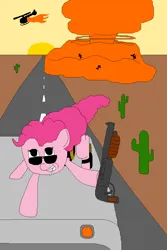 Size: 800x1200 | Tagged: safe, artist:jittermouse, derpibooru import, pinkie pie, earth pony, pony, g4, action pose, bandolier, cactus, candy, car, desert, explosion, food, gun, helicopter, image, knife, lollipop, ms paint, nuclear explosion, pinktober, png, shotgun, smiling, solo, sunglasses, sunset, weapon