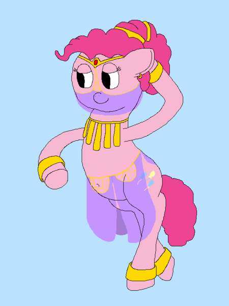 Size: 600x800 | Tagged: safe, artist:jittermouse, derpibooru import, pinkie pie, earth pony, pony, g4, belly dancer, belly dancer outfit, bipedal, image, lidded eyes, ms paint, pinktober, png, smiling, solo, veil