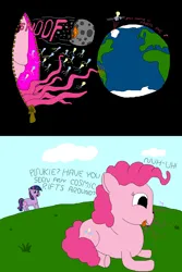 Size: 800x1200 | Tagged: semi-grimdark, artist:jittermouse, derpibooru import, pinkie pie, twilight sparkle, earth pony, pony, unicorn, g4, apocalypse, earth, eldritch horror, horn, image, moon, ms paint, pinktober, png, portal, satellite, snoof, space, tentacles