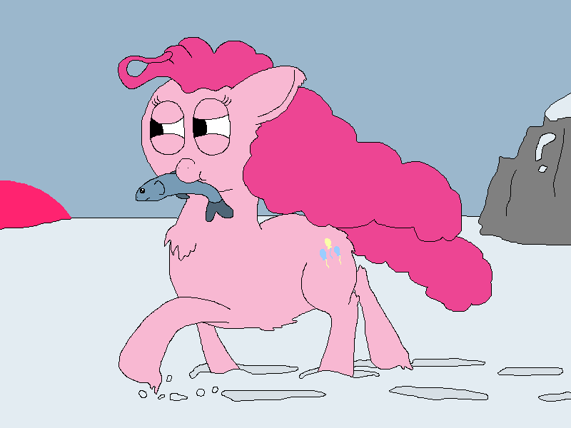 Size: 800x600 | Tagged: safe, artist:jittermouse, derpibooru import, pinkie pie, earth pony, fish, pony, g4, image, mouth hold, ms paint, pinktober, png, snow, snowpony, solo, sunrise, walking