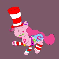 Size: 800x800 | Tagged: safe, artist:jittermouse, derpibooru import, pinkie pie, earth pony, pony, g4, clothes, dancing, denim, denim shorts, eyes closed, glowstick, hat, heart, hoofprints, image, jewelry, leg warmers, ms paint, paint, pendant, pinktober, png, shorts, solo, stripes, top hat, tube top