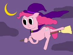 Size: 800x600 | Tagged: safe, artist:jittermouse, derpibooru import, pinkie pie, earth pony, pony, g4, broom, cloak, clothes, flying, hat, image, moon, ms paint, night, pinktober, png, solo, witch, witch hat