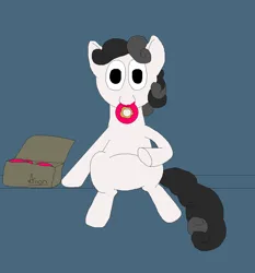 Size: 1200x1289 | Tagged: safe, artist:jittermouse, derpibooru import, oc, oc:pon-pushka, earth pony, pony, box, caught, donut, eating, food, image, implied anon, ms paint, png, pon-pushka, sitting, solo