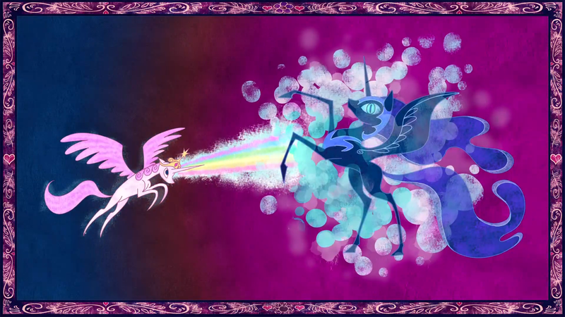 Size: 1920x1080 | Tagged: safe, derpibooru import, screencap, nightmare moon, princess celestia, alicorn, pony, friendship is magic, g4, blast, element of generosity, element of honesty, element of kindness, element of laughter, element of loyalty, element of magic, elements of harmony, female, image, magic, magic blast, mare, my little pony, pink-mane celestia, png