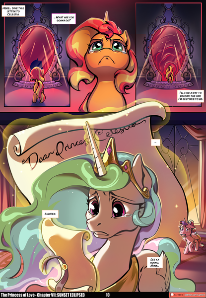 Size: 3541x5121 | Tagged: safe, artist:baban illustration, artist:lummh, derpibooru import, princess cadance, princess celestia, sunset shimmer, alicorn, pony, unicorn, comic:the princess of love, g4, absurd resolution, canterlot castle, canterlot castle interior, comic, crown, crying, emanata, female, filly, filly sunset shimmer, foal, glow, glowing horn, horn, image, indoors, jewelry, levitation, magic, magic portal, mare, patreon, patreon logo, peytral, png, regalia, sad, scroll, speech bubble, teen princess cadance, telekinesis, younger, younger sunset