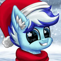 Size: 3000x3000 | Tagged: safe, artist:sunamoonmlp, derpibooru import, oc, oc:snowy pop, unofficial characters only, pegasus, pony, g4, bust, cheek fluff, christmas, christmas outfit, clothes, commission, cute, derpibooru exclusive, ear fluff, hat, holiday, image, looking at you, male, pfp, png, portrait, santa hat, scarf, smiling, smiling at you, snow, stallion, staring at you, teeth