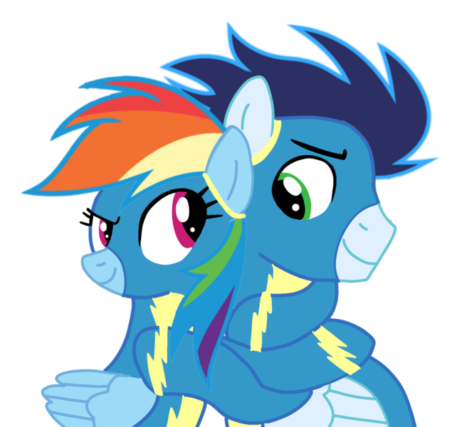 Size: 1280x1154 | Tagged: safe, alternate version, artist:soarindasher10, derpibooru import, rainbow dash, soarin', pegasus, pony, clothes, female, hug, image, looking at each other, looking at someone, male, mare, png, shipping, simple background, smiling, soarindash, stallion, straight, transparent background, uniform, wonderbolts, wonderbolts uniform