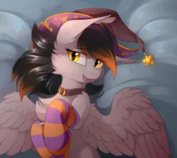 Size: 1900x1700 | Tagged: safe, artist:dreamweaverpony, derpibooru import, oc, oc:crossfire, unofficial characters only, bat pony, hybrid, pegasus, pony, chest fluff, clothes, collar, ear fluff, ear tufts, female, hat, image, looking at you, lying down, mare, on back, open mouth, open smile, pegabat, png, slit pupils, smiling, smiling at you, socks, solo, spread wings, striped socks, wings