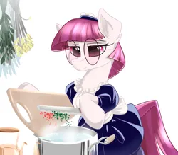 Size: 4000x3500 | Tagged: safe, artist:dreamweaverpony, derpibooru import, oc, oc:shade, unofficial characters only, earth pony, pony, g4, clothes, cooking, dress, earth pony oc, female, glasses, image, knife, maid, mare, meganekko, png, puffy sleeves, sitting