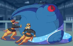 Size: 2425x1519 | Tagged: suggestive, artist:jacalope, derpibooru import, fizzle, kobold, g4, blueberry inflation, crossdressing, image, inflation, png, rolling