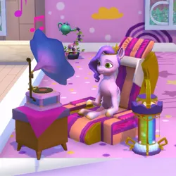 Size: 757x757 | Tagged: safe, derpibooru import, pipp petals, pegasus, pony, g5, 3d, budge studios, chair, crystal brighthouse, furniture, game, image, indoors, jpeg, lantern, listening to music, my little pony world, peaceful, sitting, teapot