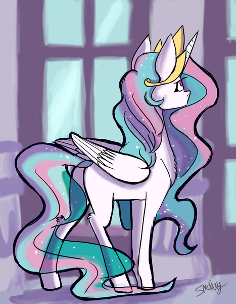 Size: 3500x4500 | Tagged: safe, artist:jupiter, derpibooru import, princess celestia, alicorn, pony, g4, butt, crown, female, high res, image, jewelry, looking away, mare, missing accessory, missing cutie mark, plot, png, regalia, solo, window