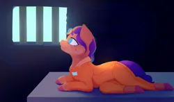 Size: 2125x1250 | Tagged: safe, artist:luanbang, derpibooru import, sunny starscout, g5, anatomically incorrect, bed, clothes, commissioner:rainbowdash69, crying, image, incorrect leg anatomy, jail, jpeg, never doubt rainbowdash69's involvement, prison, prison outfit, prisoner, prisoner ss