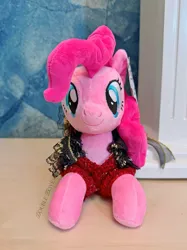 Size: 3749x4999 | Tagged: safe, derpibooru import, official, pinkie pie, earth pony, original species, plush pony, pony, g4, clothes, dress, front view, image, irl, jpeg, looking at you, lying down, merchandise, outfit, photo, plushie, reesee, smiling