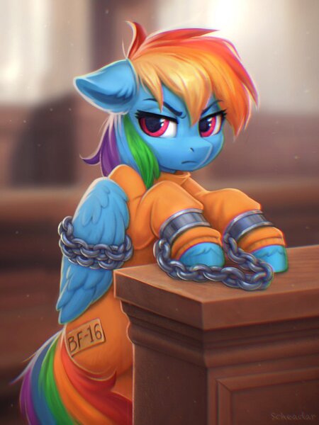 Size: 1500x2000 | Tagged: safe, alternate version, artist:scheadar, derpibooru import, rainbow dash, pegasus, pony, bound wings, chained, chains, courtroom, grumpy, image, jpeg, never doubt rainbowdash69's involvement, prisoner, prisoner rd, shackles, wings