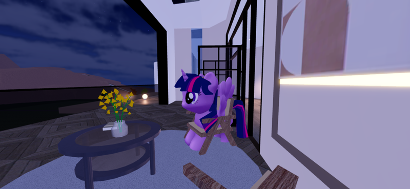 Size: 2796x1290 | Tagged: safe, derpibooru import, twilight sparkle, pony, g4, 3d, 3d model, chair, flower, furniture, game, image, mod, night, open door, png, roblox, side view, sitting, solo, table, video game, wings