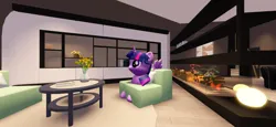 Size: 2796x1290 | Tagged: safe, derpibooru import, twilight sparkle, pony, g4, 3d, 3d model, book, bookshelf, chair, fireplace, flower, image, indoors, light, living room, mod, plant, png, roblox, side view, sitting, solo, table, wings