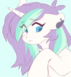 Size: 1276x1388 | Tagged: safe, artist:cheekipone, ponerpics import, oc, oc:spilled ink, unofficial characters only, pony, unicorn, blue background, coat markings, eye clipping through hair, eyebrows visible through hair, female, floppy ears, horn, image, mare, png, raised hoof, simple background, solo, splotches, unicorn horn, unicorn oc, unshorn fetlocks, upper body, worried