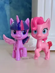 Size: 3058x4078 | Tagged: safe, derpibooru import, official, pinkie pie, twilight sparkle, twilight sparkle (alicorn), alicorn, g4, my little pony: pony life, cracking, figure, front view, image, irl, jpeg, kinder egg, looking at someone, merchandise, open mouth, photo, raised hoof, spread wings, toy, wings