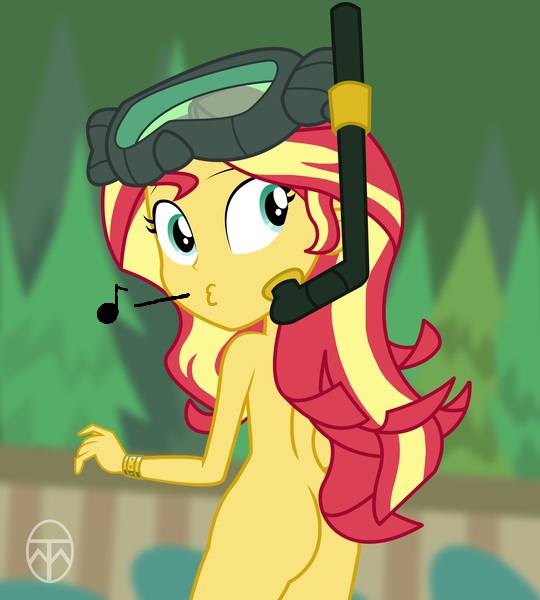 Size: 540x600 | Tagged: questionable, derpibooru import, edit, edited screencap, editor:legendary-spider, screencap, sunset shimmer, human, equestria girls, g4, ass, back, beach, bracelet, butt, female, goggles on head, image, innocent, jewelry, jpeg, looking back, music notes, nude edit, nudity, outdoors, puckered lips, rear view, snorkel, solo, solo female, tree, watermark, whistling