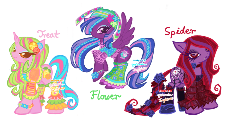 Size: 2338x1299 | Tagged: safe, artist:eyerealm, artist:junglicious64, derpibooru import, oc, oc:flower, oc:spider, oc:treat, unofficial characters only, earth pony, pegasus, pony, unicorn, adoptable, adoptable open, blouse, blue eyeshadow, blushing, bracelet, braid, brown eyelashes, brown pupils, cardigan, choker, clothes, collaboration, colored lineart, colored pupils, colored sclera, colorful, earth pony oc, eye clipping through hair, eyelashes, eyeshadow, female, female oc, flower, flower in tail, for sale, frilly socks, goth, green text, hair accessory, hat, high heels, hoof shoes, horn, image, jewelry, kidcore, lace, leg warmers, lidded eyes, lip piercing, lipstick, long eyelashes, long mane, long tail, makeup, mane accessory, mare, mare oc, multicolored mane, multicolored tail, orange eyes, pegasus oc, piercing, pink coat, pink eyes, pink text, png, profile, puffy sleeves, purple coat, purple eyelashes, purple eyeshadow, purple lipstick, purple pupils, rearing, red eyes, red mane, red tail, red text, rose, see-through, shawl, shirt, shoes, signature, simple background, smiling, snake bites, socks, sparkly shoes, spread wings, standing, stockings, tail, thick eyelashes, thigh highs, thorn, three quarter view, trio, trio female, tropical, two toned mane, two toned tail, unicorn horn, unicorn oc, wall of tags, watermark, wavy mane, wavy tail, white background, wings