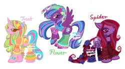 Size: 2338x1299 | Tagged: safe, artist:eyerealm, artist:junglicious64, derpibooru import, oc, oc:flower, oc:spider, oc:treat, unofficial characters only, earth pony, pegasus, pony, unicorn, adoptable, adoptable open, blouse, blue eyeshadow, blushing, bracelet, braid, brown eyelashes, brown pupils, cardigan, choker, clothes, collaboration, colored lineart, colored pupils, colored sclera, colorful, earth pony oc, eye clipping through hair, eyelashes, eyeshadow, female, female oc, flower, flower in tail, for sale, frilly socks, goth, green text, hair accessory, hat, high heels, hoof shoes, horn, image, jewelry, kidcore, lace, leg warmers, lidded eyes, lip piercing, lipstick, long eyelashes, long mane, long tail, makeup, mane accessory, mare, mare oc, multicolored mane, multicolored tail, orange eyes, pegasus oc, piercing, pink coat, pink eyes, pink text, png, profile, puffy sleeves, purple coat, purple eyelashes, purple eyeshadow, purple lipstick, purple pupils, rearing, red eyes, red mane, red tail, red text, rose, see-through, shawl, shirt, shoes, signature, simple background, smiling, snake bites, socks, sparkly shoes, spread wings, standing, stockings, tail, thick eyelashes, thigh highs, thorn, three quarter view, trio, trio female, tropical, two toned mane, two toned tail, unicorn horn, unicorn oc, wall of tags, watermark, wavy mane, wavy tail, white background, wings