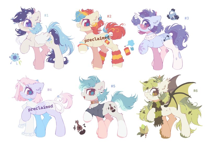 Size: 4096x2990 | Tagged: safe, artist:mirtash, derpibooru import, oc, unofficial characters only, bat pony, earth pony, pegasus, pony, unicorn, adoptable, adoptable open, bags under eyes, bat pony oc, bat wings, black shirt, blank flank, blaze (coat marking), blue eyelashes, blue eyes, blue mane, blue pupils, blue tail, blush lines, blushing, body freckles, bracelet, brown eyelashes, brown eyes, brown pupils, brown text, chest fluff, clothes, coat markings, collar, colored eyelashes, colored hooves, colored horn, colored pupils, colored wings, cream coat, ear fluff, ear piercing, earring, earth pony oc, eyelashes, facial markings, fangs, female, female oc, flower, flower in hair, flower in tail, fluffy mane, fluffy tail, folded wings, for sale, freckles, frown, glasses, gray coat, green eyes, green hooves, green mane, green tail, green wings, group, hock fluff, hockless socks, hooves, horn, image, jewelry, jpeg, lavender coat, leaves, leaves in hair, leaves in mane, leaves in tail, leg markings, leg warmers, leonine tail, long mane, long tail, looking back, magenta eyelashes, magenta pupils, mare, mare oc, narrowed eyes, open mouth, open smile, orange eyes, pale coat, pegasus oc, petals, piercing, pink hooves, pink mane, pink tail, profile, purple coat, purple eyelashes, purple pupils, purple text, raised hoof, red eyes, ring, ripped stockings, scarf, sextet, shiny eyes, shirt, short mane, short tail, simple background, skull earrings, smiling, socks, socks (coat marking), sparkles, sparkly mane, sparkly tail, speckled, spiked collar, spread wings, standing, standing on three hooves, stockings, striped leg warmers, striped scarf, t-shirt, tail, tail accessory, tail ring, thigh highs, three toned mane, three toned tail, tinted glasses, torn clothes, torn shirt, torn socks, unicorn horn, unicorn oc, unshorn fetlocks, wall of tags, white background, white coat, white hooves, white scarf, white socks, white wings, wing fluff, wings, yellow coat