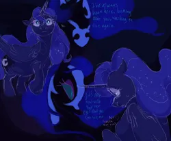 Size: 1700x1400 | Tagged: safe, artist:abbytabbys, derpibooru import, nightmare moon, princess luna, alicorn, pony, fanfic:broken destiny, g4, alternate universe, black coat, blue coat, blue eyes, blue mane, blue pupils, blue sclera, blue tail, blue text, broken destiny au, colored eyelashes, colored sclera, colored sketch, dialogue, duo, duo female, ethereal mane, ethereal tail, eyeshadow, fanfic art, female, floppy ears, flowing mane, flowing tail, folded wings, frown, glow, glowing eyes, helmet, horn, image, jpeg, looking at someone, makeup, mare, missing accessory, nightmare moon armor, no mouth, profile, purple eyelashes, purple eyeshadow, raised hoof, scared, self paradox, self ponidox, shrunken pupils, sketch, sparkles, sparkly mane, sparkly tail, standing, standing on three hooves, starry mane, starry tail, tail, teal sclera, unicorn horn, white eyes, white pupils, white text, wings