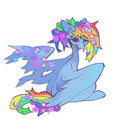 Size: 828x840 | Tagged: safe, artist:cutesykill, derpibooru import, rainbow dash, pegasus, pony, seraph, g4, alternate design, alternate hairstyle, alternate tailstyle, big ears, blue coat, decora, ear fluff, eyelashes, female, hair accessory, hairclip, image, lidded eyes, mane accessory, mare, multicolored hair, multicolored mane, multiple wings, open mouth, partially open wings, pink eyes, png, rainbow hair, rainbow tail, rear view, simple background, sitting, slender, slit pupils, solo, tail, tail clip, thin, three quarter view, turned head, white background, wing accessory, wings