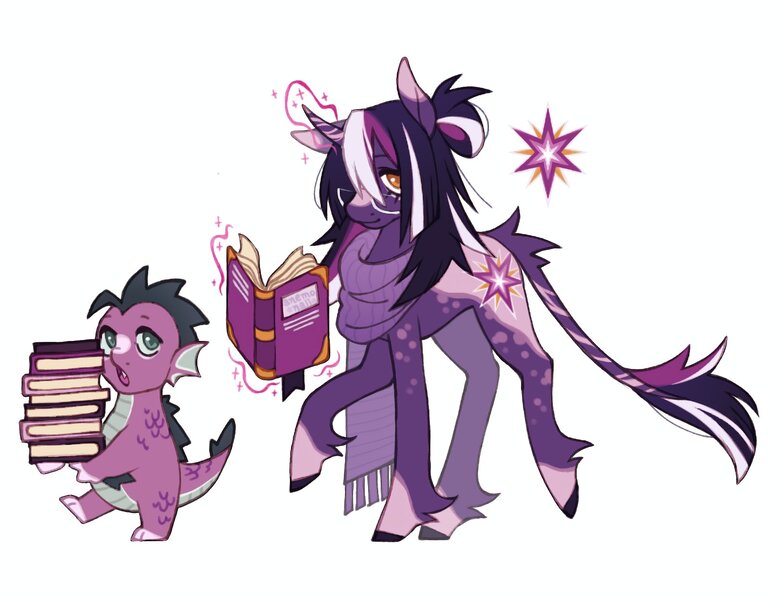 Size: 1620x1246 | Tagged: safe, artist:anemonaii, derpibooru import, spike, twilight sparkle, dragon, pony, unicorn, g4, alternate color palette, alternate cutie mark, alternate design, alternate eye color, alternate hairstyle, alternate mane color, alternate tail color, alternate tailstyle, black hooves, blaze (coat marking), book, clothes, coat markings, colored belly, colored eartips, colored hooves, colored paws, colored pinnae, colored pupils, colored sclera, concave belly, curved horn, cute, duo, duo male and female, eye markings, facial markings, female, fetlock tuft, fins, glasses, glow, glowing horn, golden eyes, green eyes, green pupils, green sclera, hair bun, hair over one eye, hooves, horn, image, jpeg, leg markings, leonine tail, long mane, long tail, looking at someone, magic, male, mare, one ear down, open mouth, orange eyes, orange pupils, paws, purple coat, purple magic, purple mane, purple scales, purple scarf, purple tail, raised hoof, raised leg, redesign, scaled underbelly, scales, scarf, shaggy mane, signature, simple background, slender, slit pupils, socks (coat marking), sparkles, spiky mane, stack of books, standing, standing on one leg, standing on two hooves, striped horn, striped tail, tail, tail fluff, tail markings, thin, three quarter view, three toned mane, three toned tail, tied mane, twiabetes, unicorn horn, unicorn twilight, white background