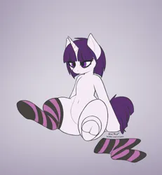 Size: 1340x1450 | Tagged: safe, artist:jessijinx, derpibooru import, oc, oc:ashen augury, semi-anthro, unicorn, belly button, clothes, female, gradient background, horn, image, neet, png, simple background, sitting, socks, solo, solo female, striped socks, underhoof, unicorn oc